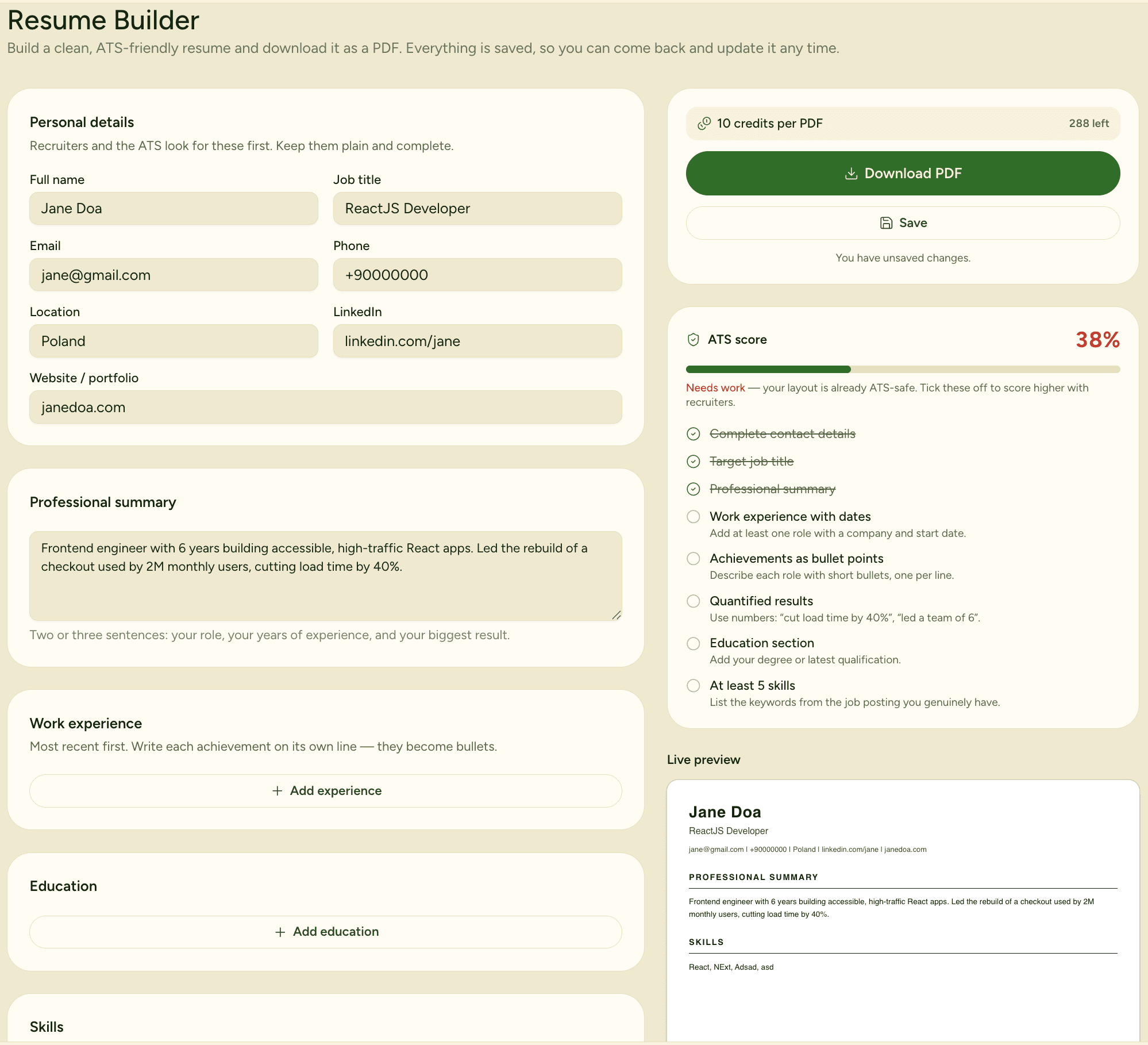 The Yooda AI resume builder: editor on the left, live ATS score and resume preview on the right