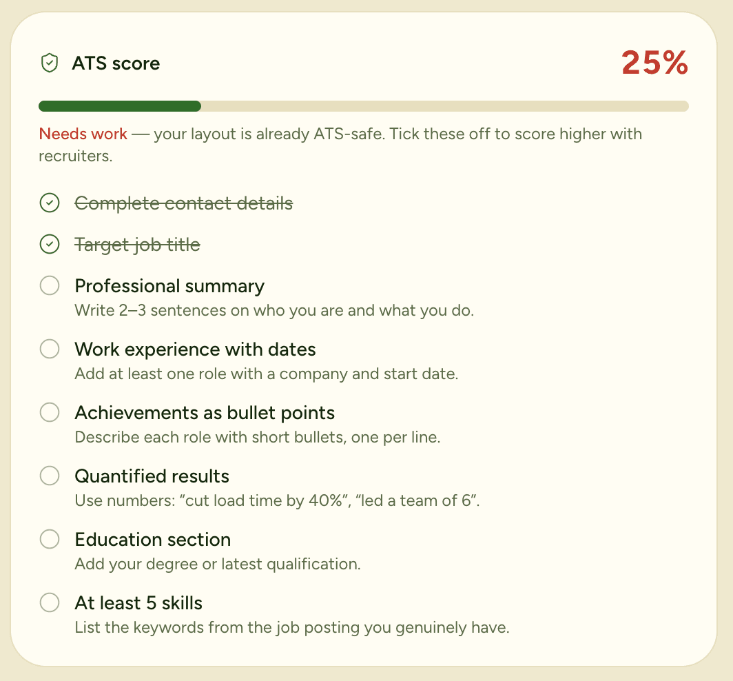 Live ATS score with a checklist of what to fix on your resume