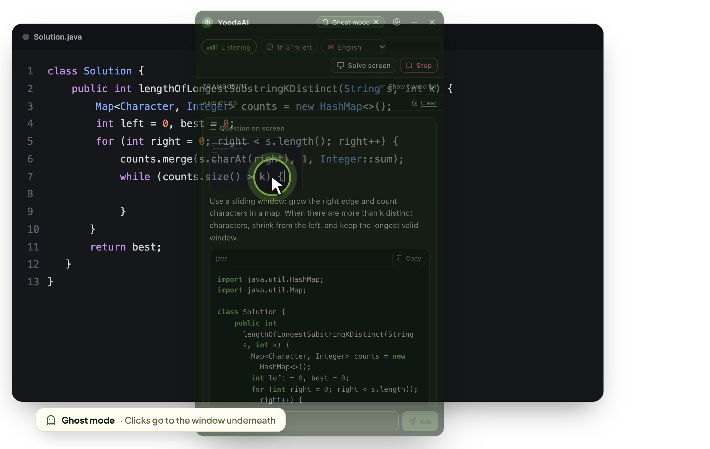A see-through YoodaAI window over a code editor, with the click landing in the editor