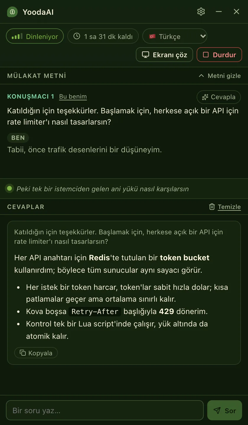YoodaAI penceresi rate limiting hakkındaki bir mülakat sorusunu cevaplıyor