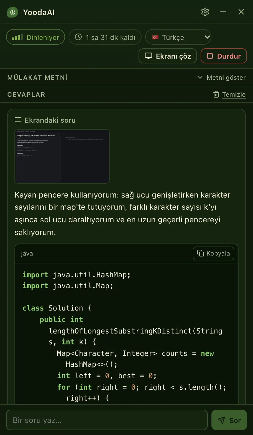 YoodaAI penceresi ekrandaki kodlama sorusunu Java ile çözüyor