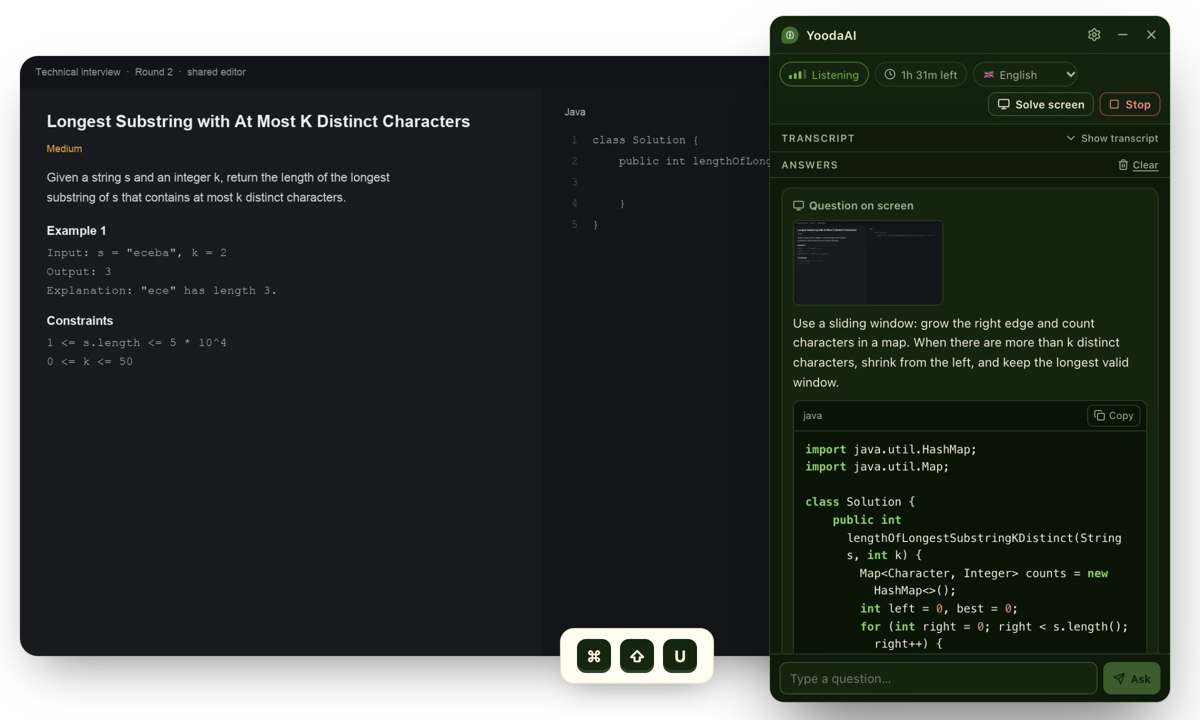 A coding interview question on screen with the YoodaAI window showing a Java solution