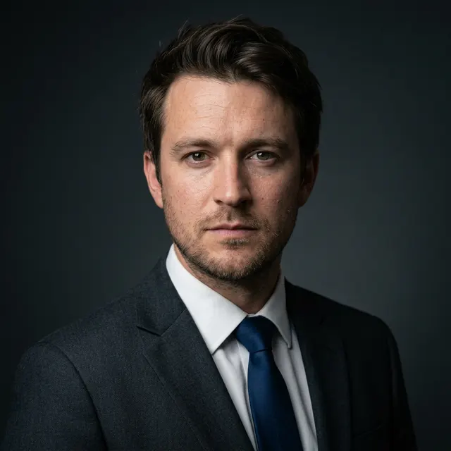 Executive headshot of the same AI-generated example person